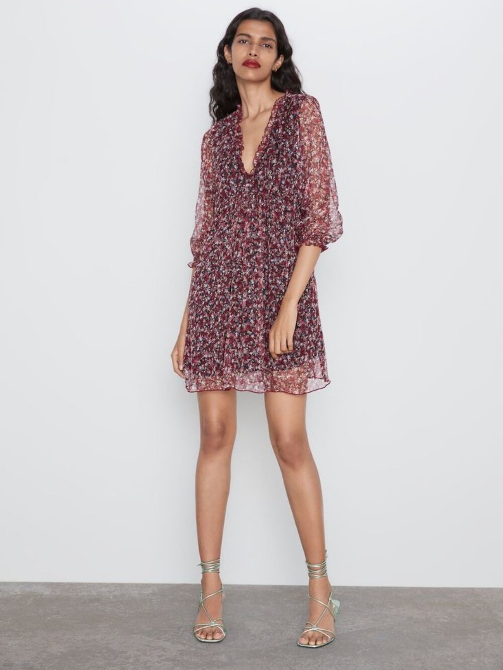 Zara Red Ditsy Floral Flutter Ruffle Hem Long Sleeve Sheer Mini Dress - XS